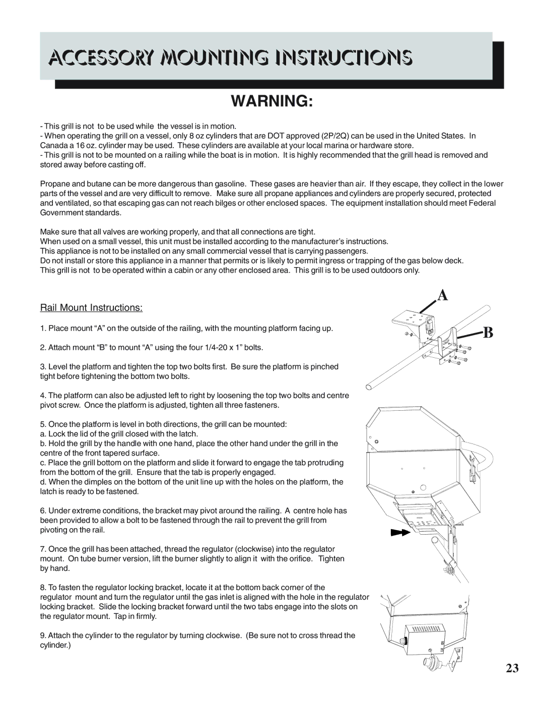 Napoleon Grills PTSS215 manual Accessory Mounting Instructions, Rail Mount Instructions 