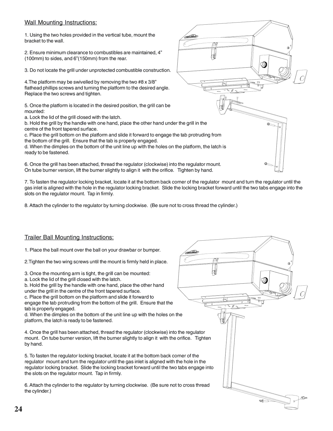 Napoleon Grills PTSS215 manual Wall Mounting Instructions, Trailer Ball Mounting Instructions 