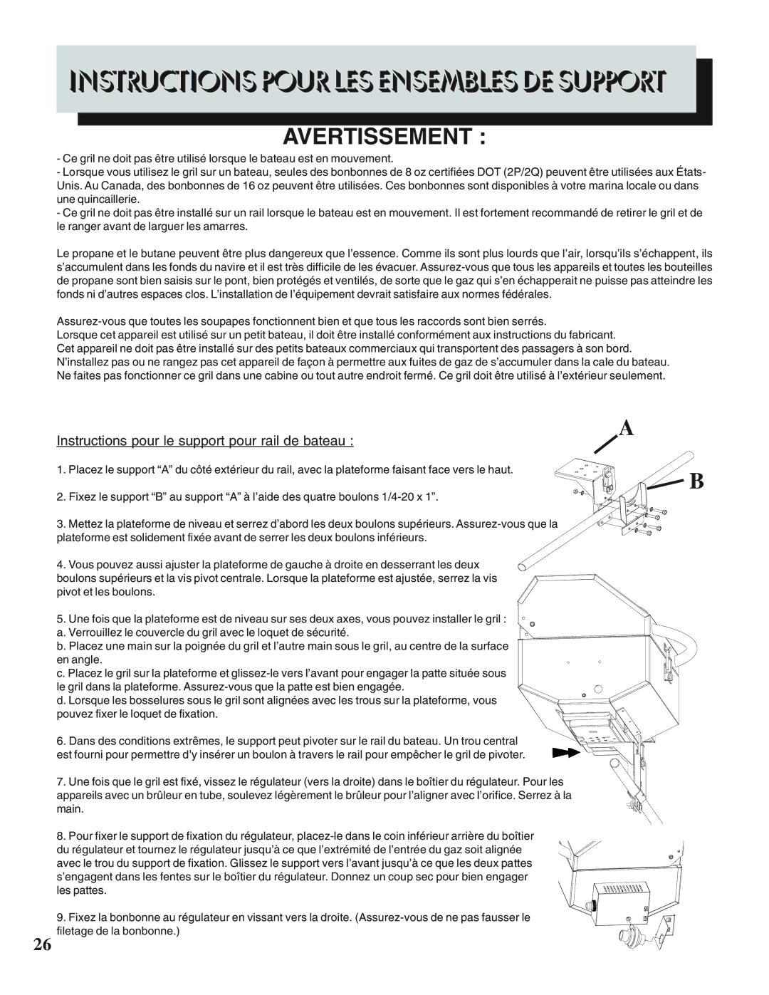 Napoleon Grills PTSS215 manual Instructionspourlesensemblesdesupport, Instructions pour le support pour rail de bateau 