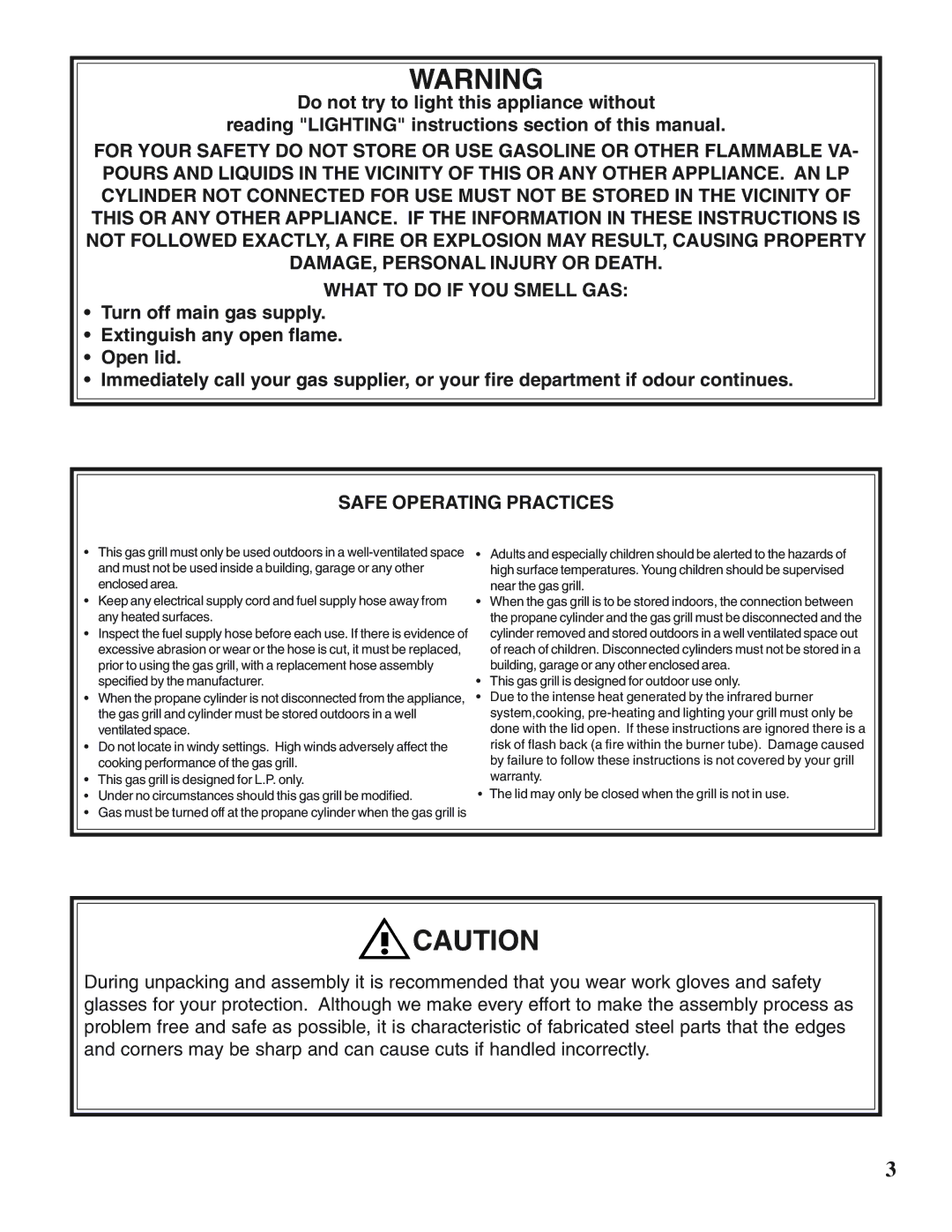 Napoleon Grills PTSS215 manual DAMAGE, Personal Injury or Death What to do if YOU Smell GAS, Safe Operating Practices 