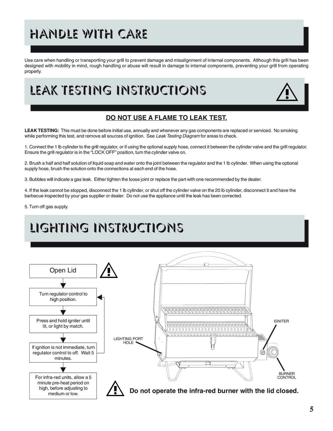 Napoleon Grills PTSS215 manual Handle with Care, Leak Testing Instructions, Lighting Instructions 