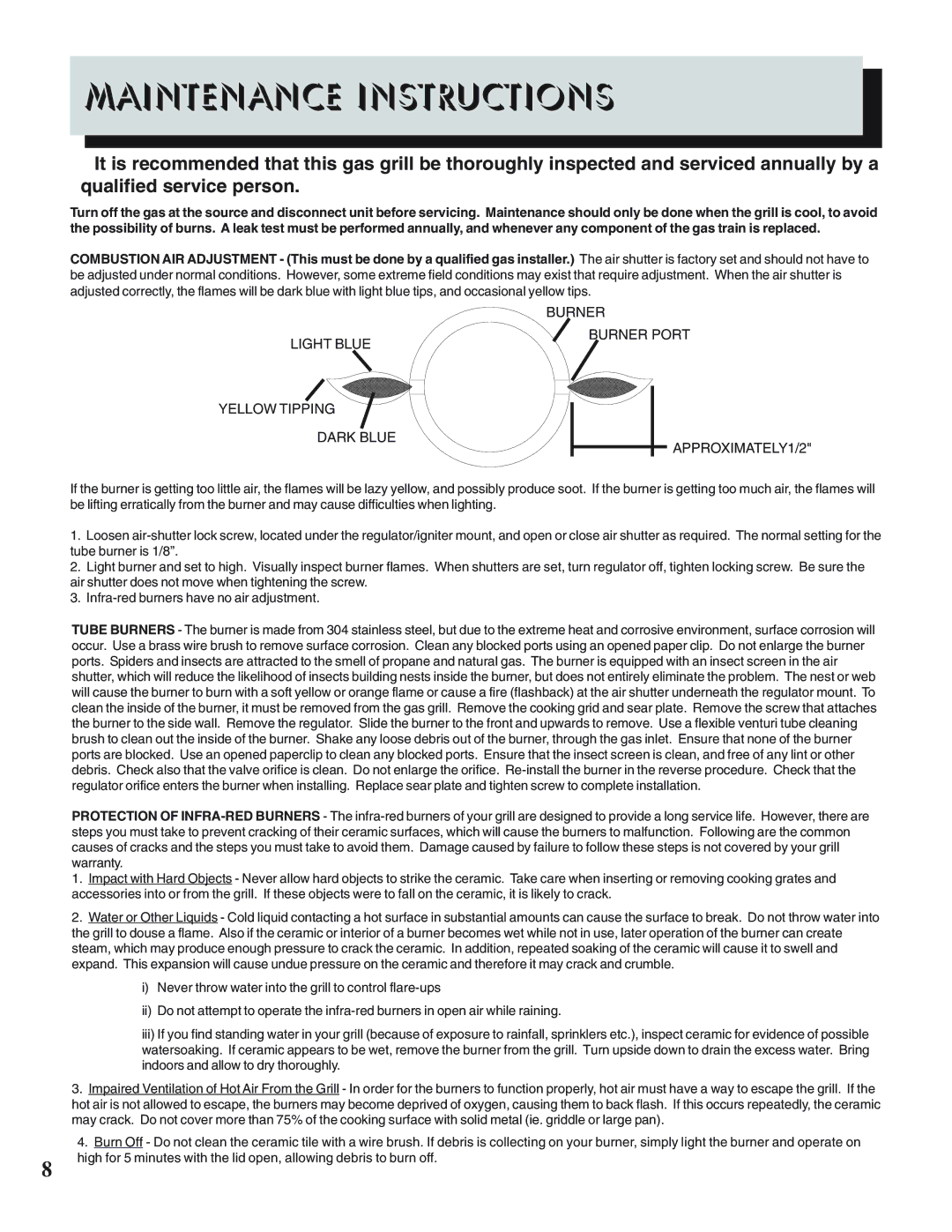 Napoleon Grills PTSS215 manual Maintenance Instructions 