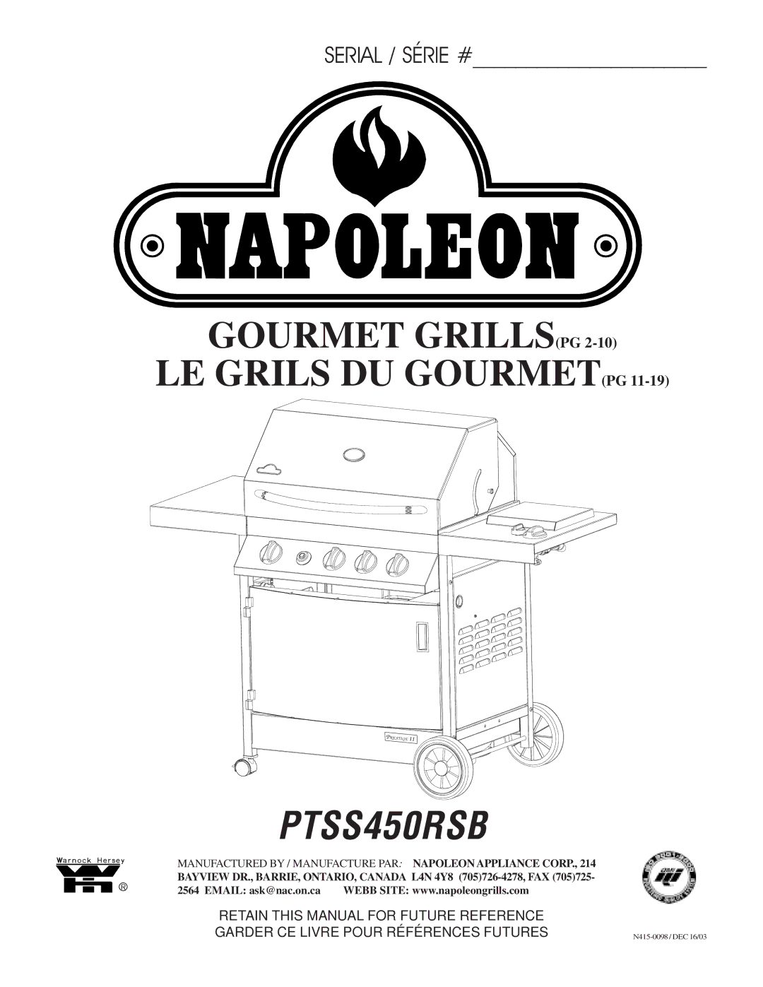 Napoleon Grills PTSS450RSB manual Gourmet Grillspg LE Grils DU Gourmetpg 