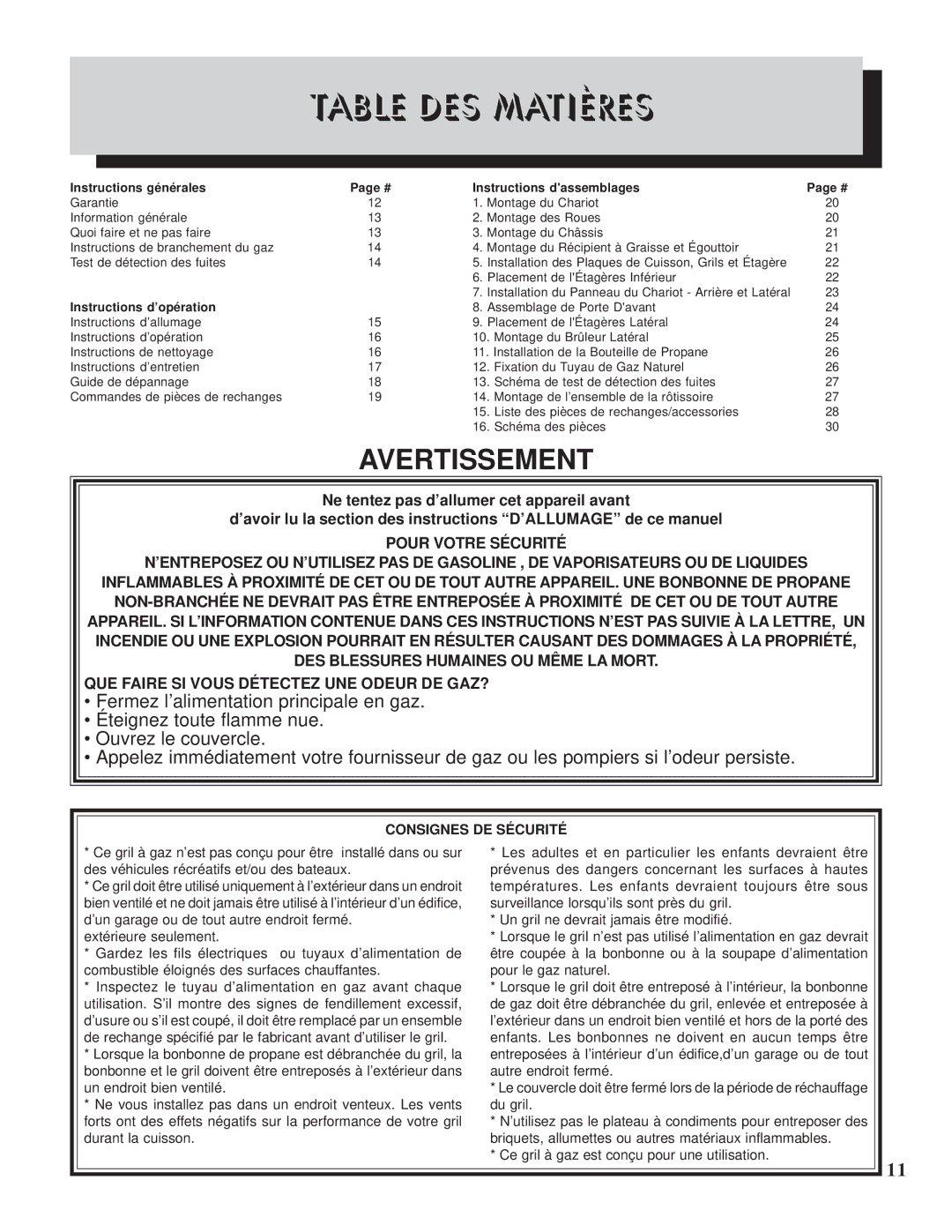 Napoleon Grills PTSS450RSB manual Table DES Matières, Instructions générales Instructions dassemblages 