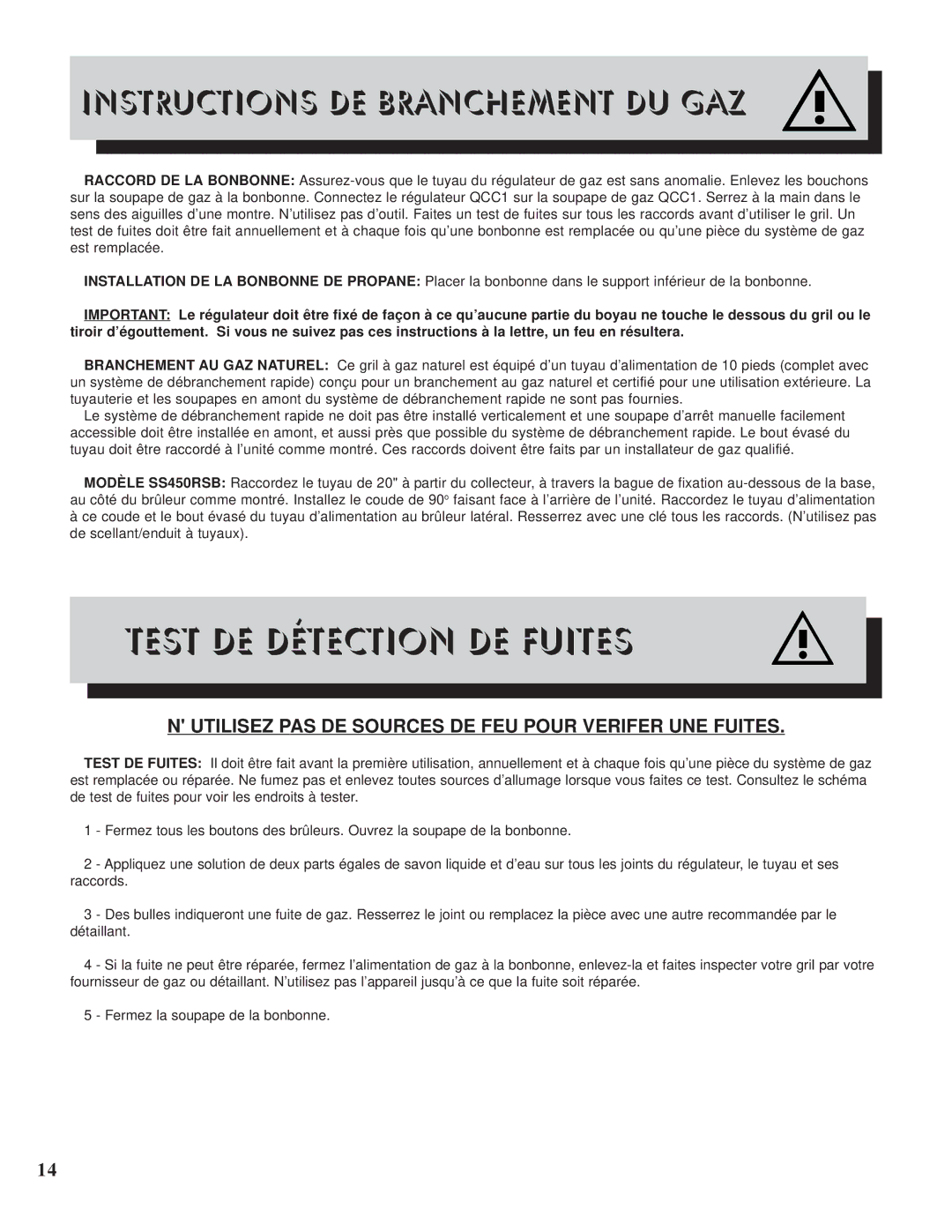 Napoleon Grills PTSS450RSB manual Test DE Détection DE Fuites, Utilisez PAS DE Sources DE FEU Pour Verifer UNE Fuites 