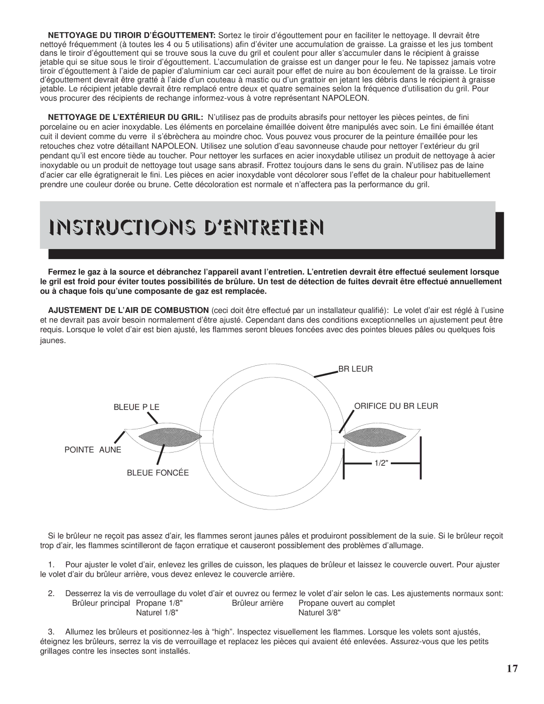 Napoleon Grills PTSS450RSB manual Instructions D’ENTRETIEN, Pointe Aune Bleue Foncée 