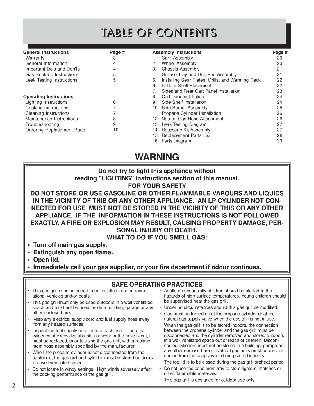 Napoleon Grills PTSS450RSB manual Table of Contents 