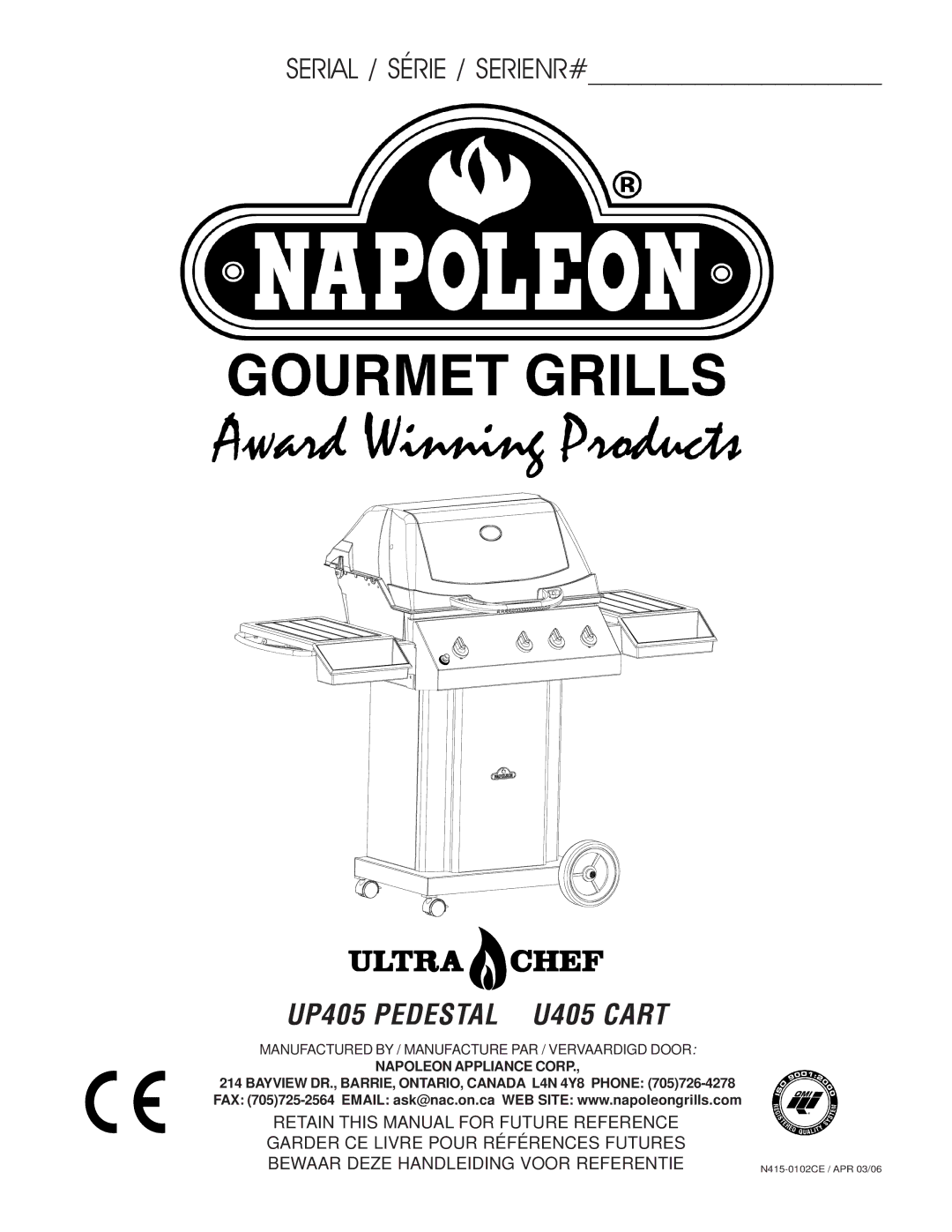 Napoleon Grills manual UP405 Pedestal U405 Cart 