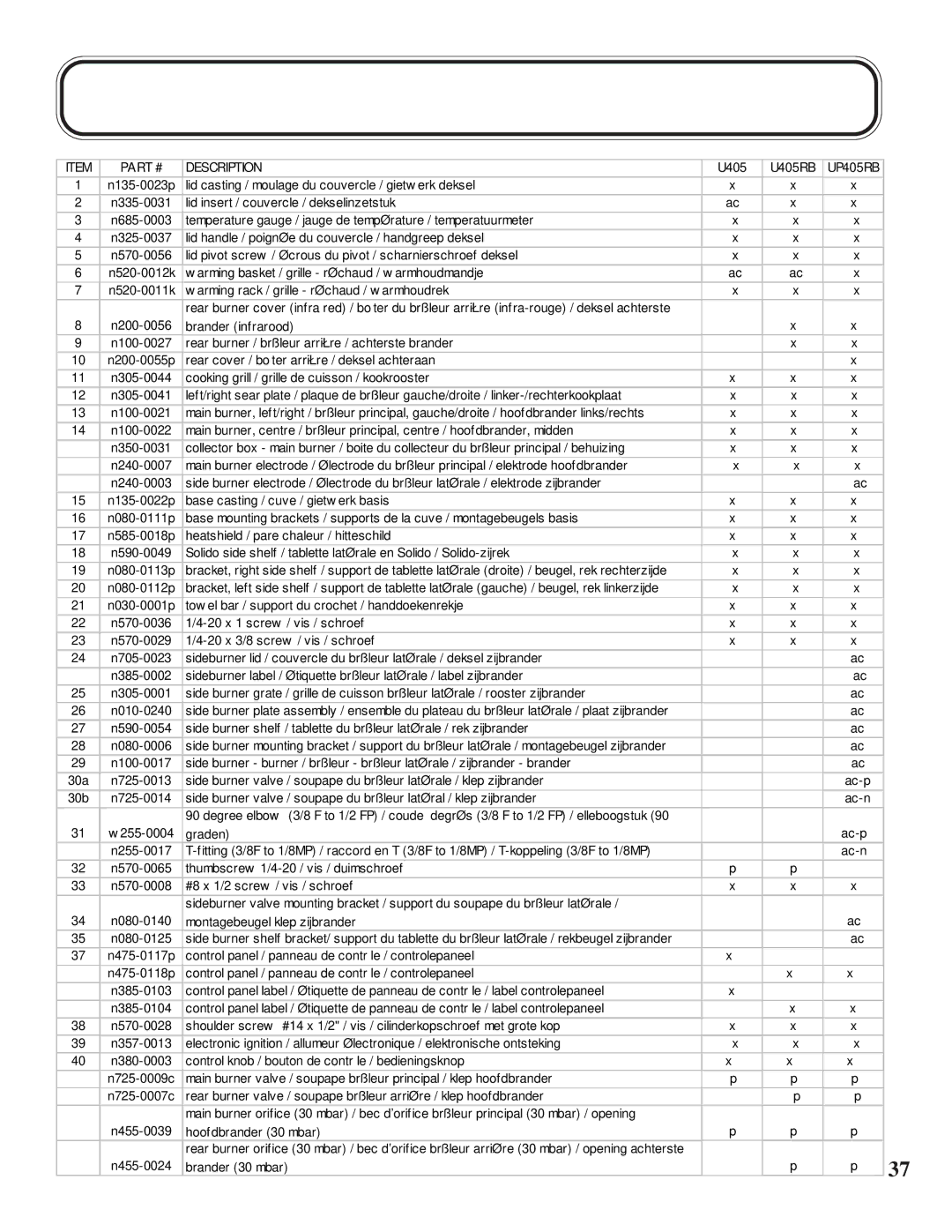 Napoleon Grills U405 manual Description 