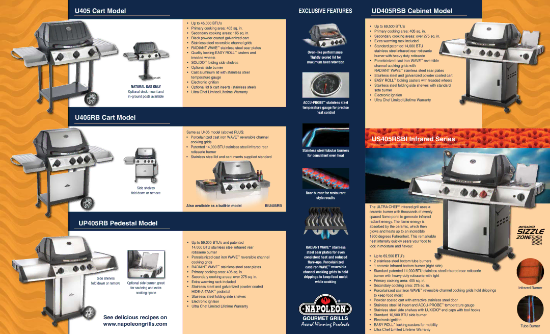 Napoleon Grills Ultra Chef Series U405 Cart Model, U405RB Cart Model, UP405RB Pedestal Model, UD405RSB Cabinet Model 