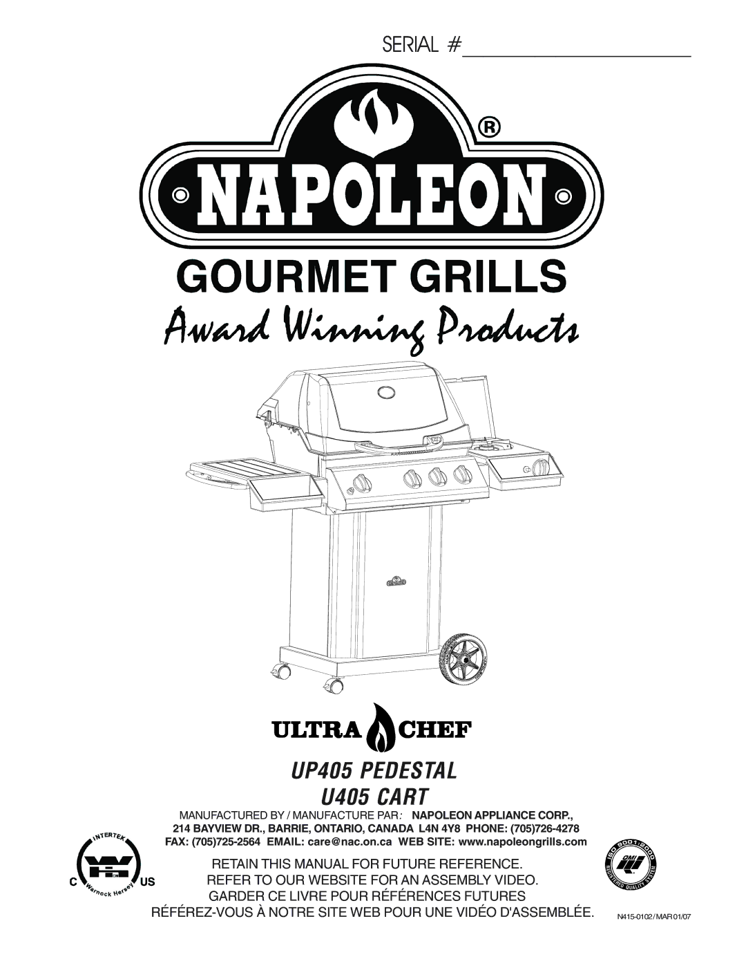 Napoleon Grills manual UP405 Pedestal U405 Cart 