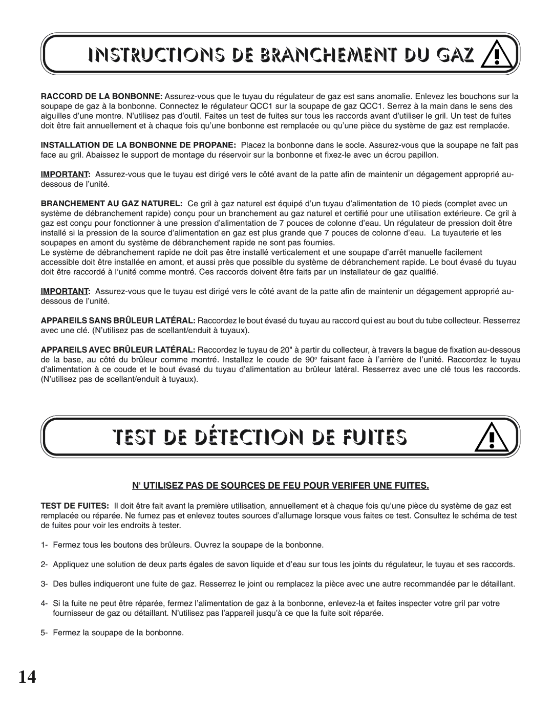 Napoleon Grills UP405 manual Test DE Détection DE Fuites, Instructions DE Branchement DU GAZ 