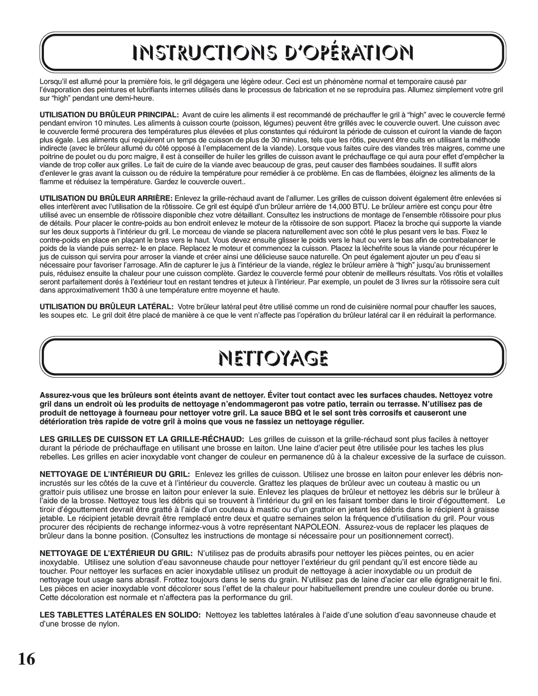 Napoleon Grills UP405 manual Instructions D’OPÉRATION, Nettoyage 