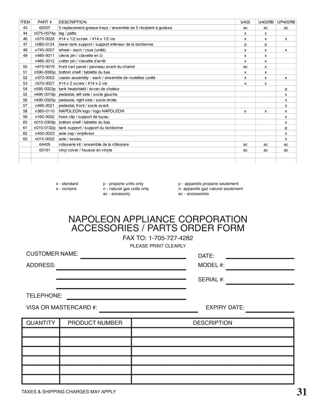 Napoleon Grills UP405 manual FAX to 