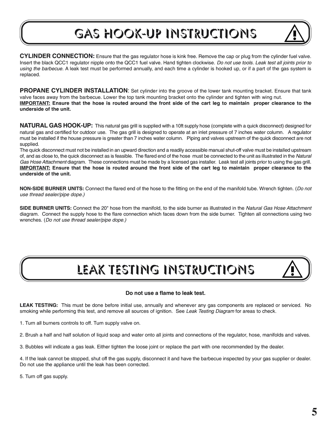 Napoleon Grills UP405 manual GAS HOOK-UP Instructions, Leak Testing Instructions 