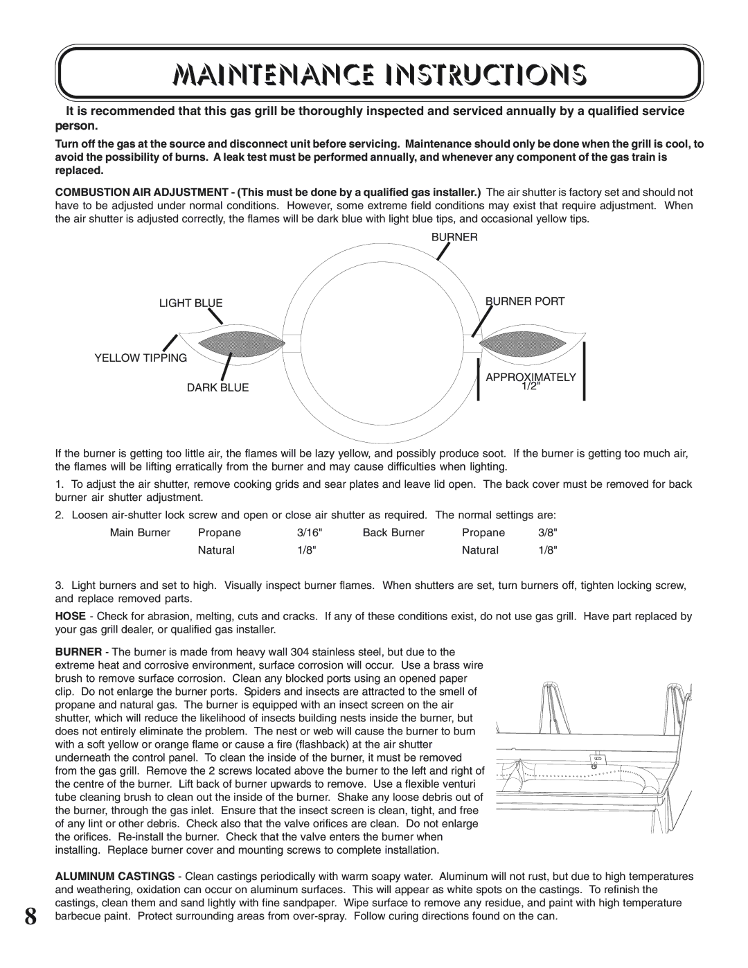 Napoleon Grills UP405 manual Maintenance Instructions, Yellow Tipping Approximately Dark Blue 