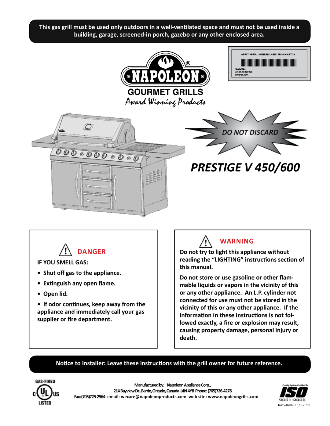 Napoleon Grills V 600 manual Prestige V 450/600 