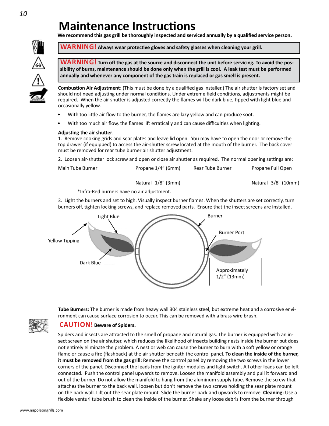 Napoleon Grills V 600, V 450 manual Maintenance Instructions, Adjusting the air shutter 