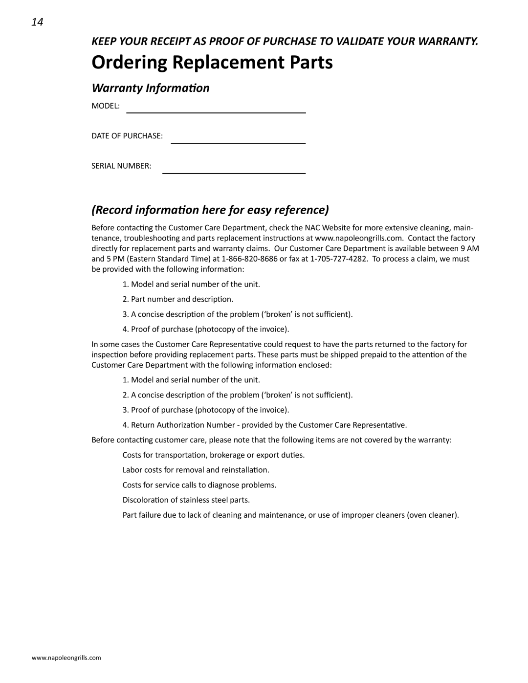 Napoleon Grills V 600, V 450 Ordering Replacement Parts, Warranty Information, Record information here for easy reference 
