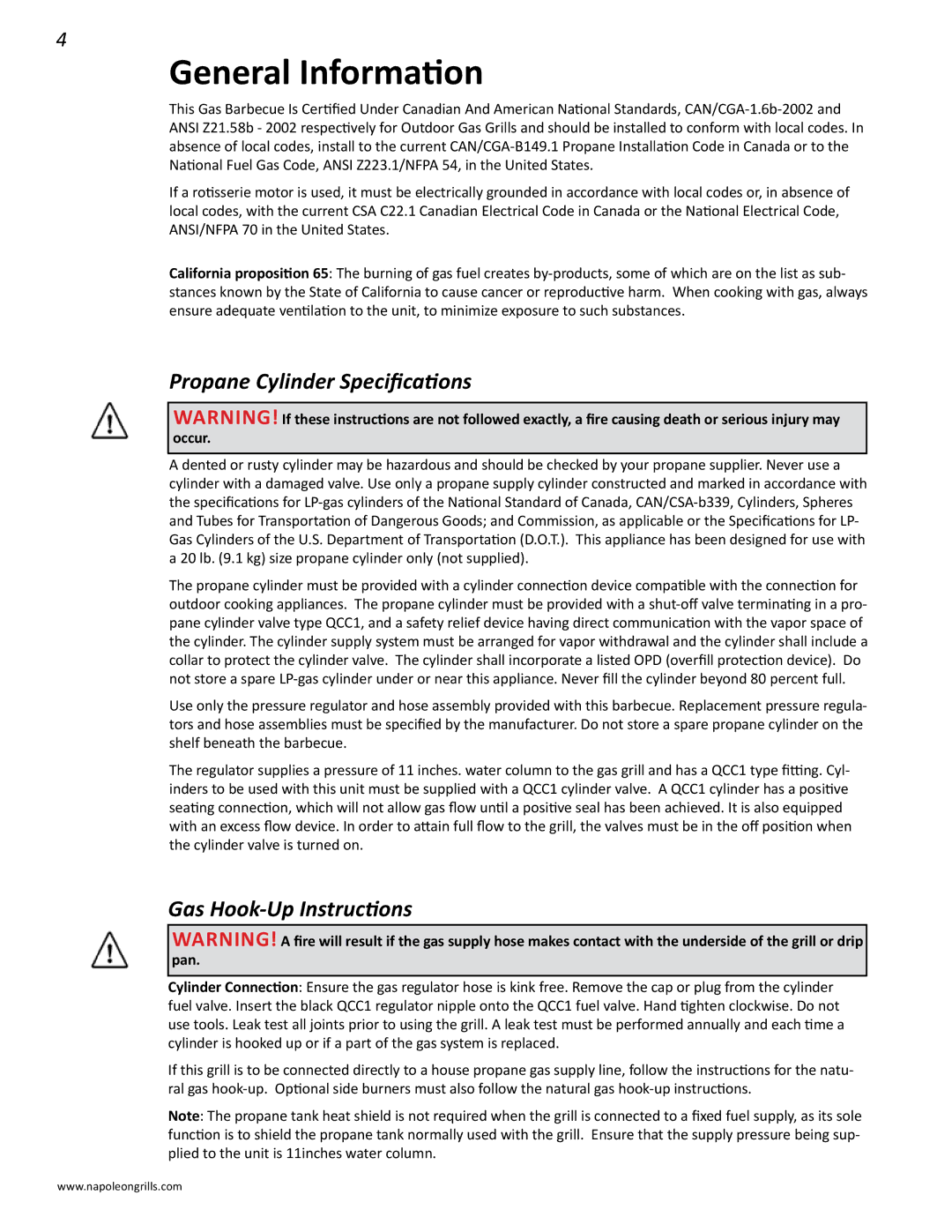 Napoleon Grills V 600, V 450 manual General Information, Propane Cylinder Specifications, Gas Hook-Up Instructions 