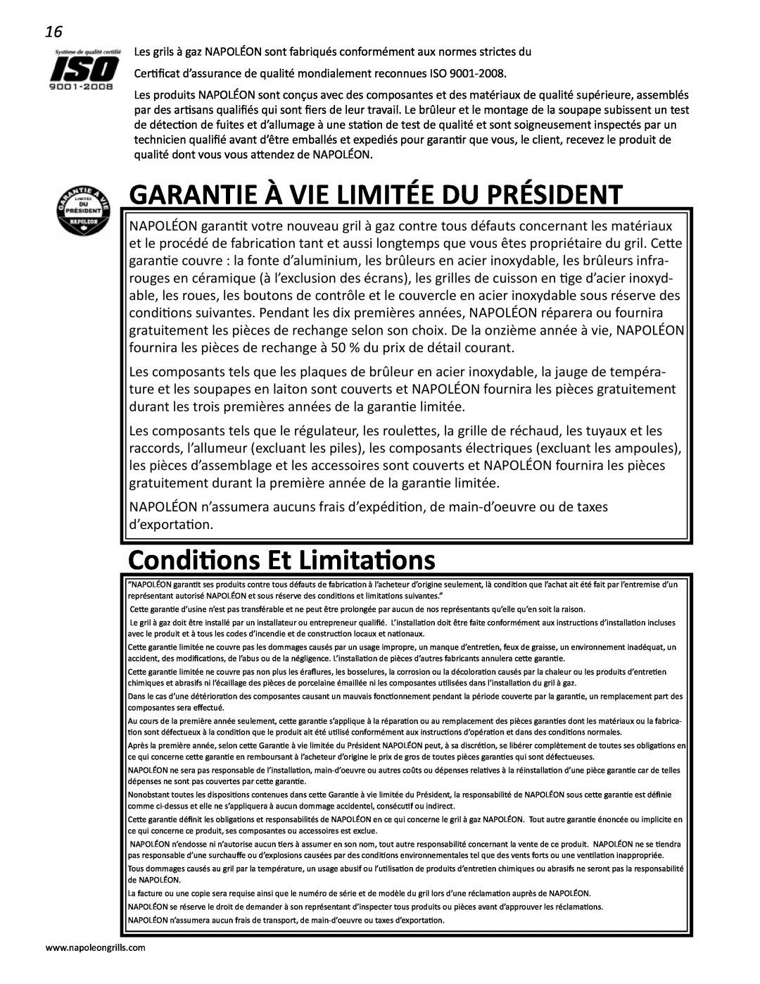 Napoleon Grills V 600, V 450 manual Garantie À Vie Limitée Du Président, Conditions Et Limitations 