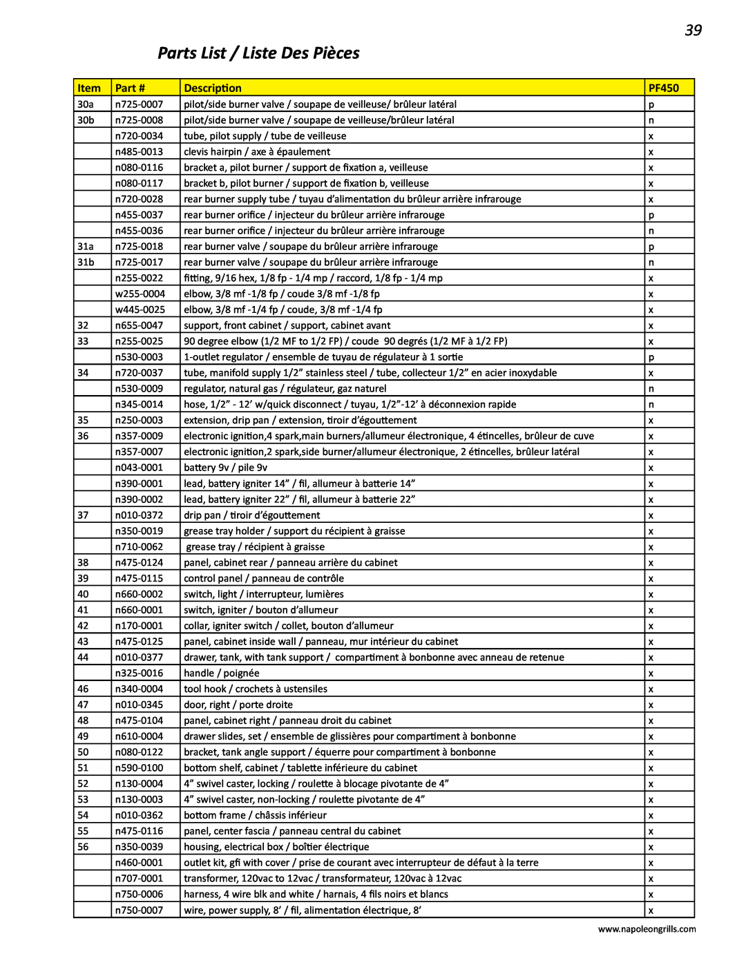 Napoleon Grills V 450, V 600 manual Parts List / Liste Des Pièces, n725-0007 
