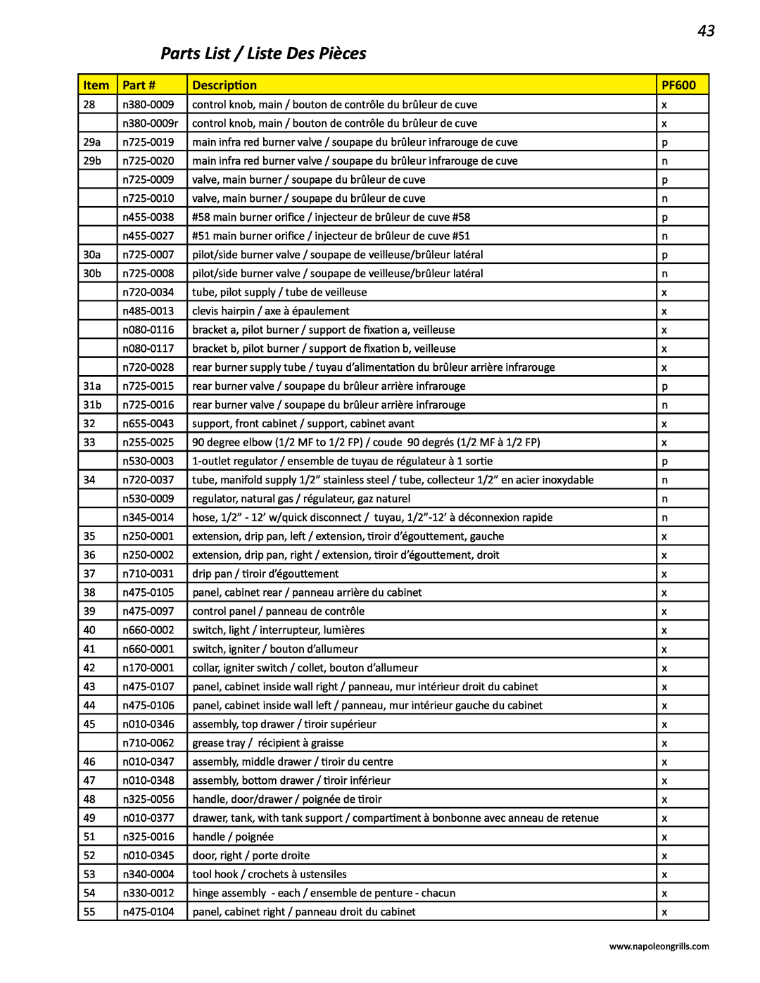 Napoleon Grills V 450, V 600 manual Parts List / Liste Des Pièces, n380-0009 