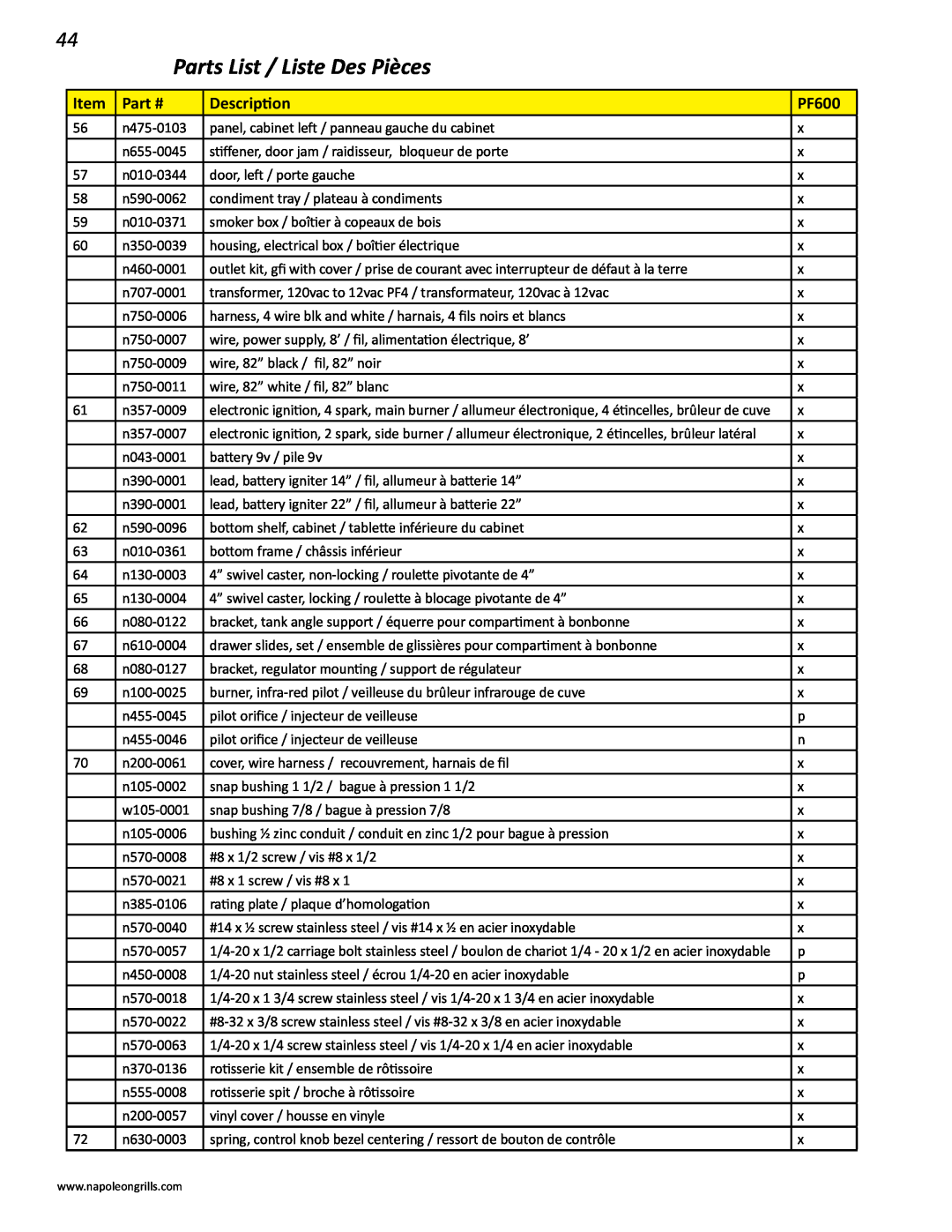 Napoleon Grills V 600, V 450 manual Parts List / Liste Des Pièces, n475-0103 