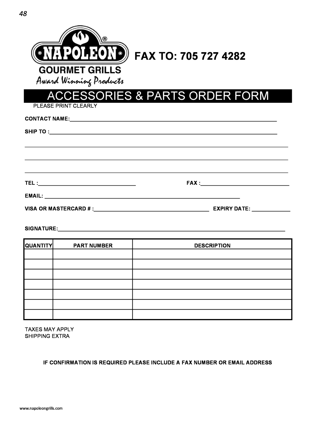 Napoleon Grills V 600, V 450 manual Accessories & Parts Order Form, Fax To 