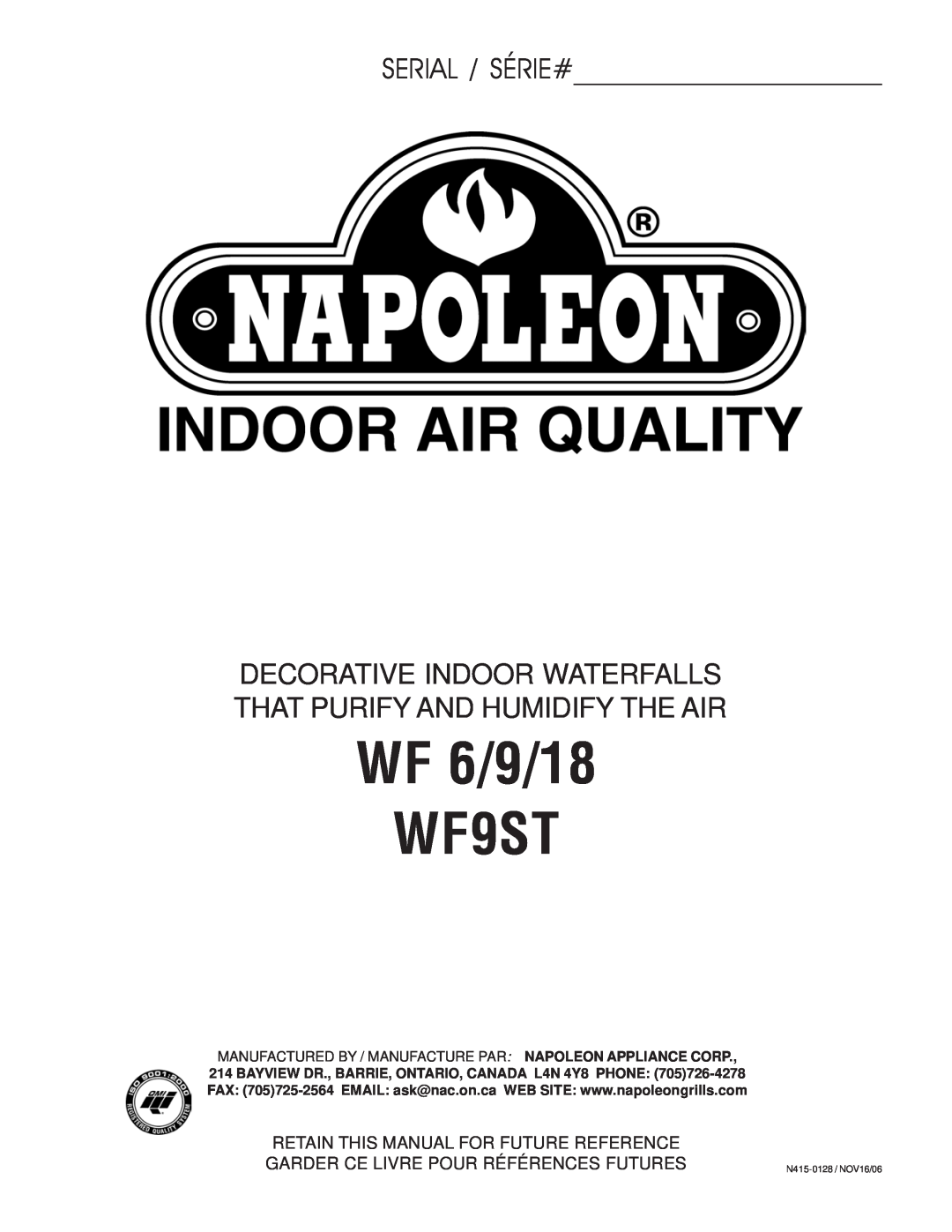 Napoleon Grills WF 18, WF 9 manual WF 6/9/18 WF9ST, Serial / Série#, Decorative Indoor Waterfalls, N415-0128 /NOV16/06 