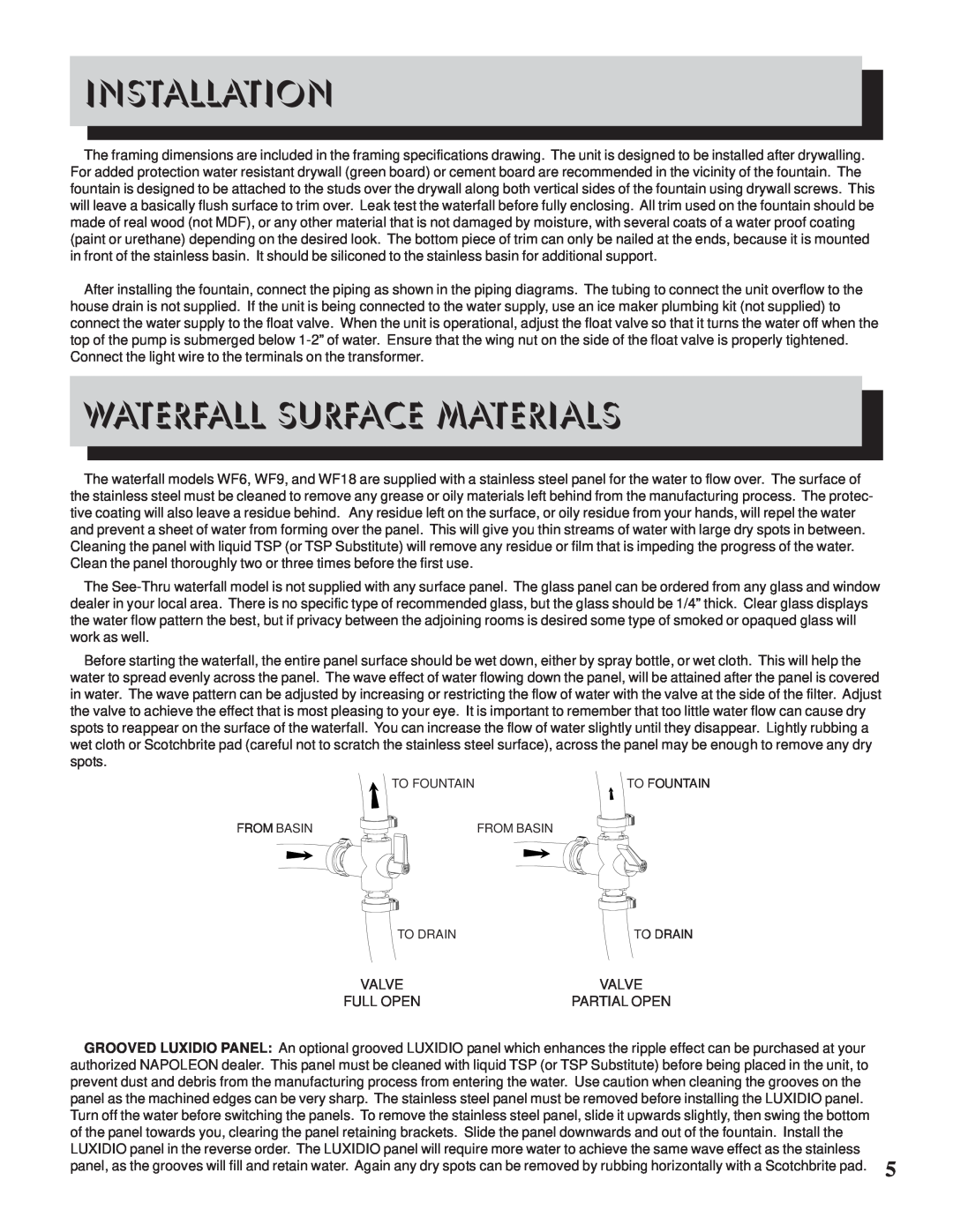 Napoleon Grills WF 18, WF9ST, WF 6, WF 9 manual Installation, Waterfall Surface Materials 