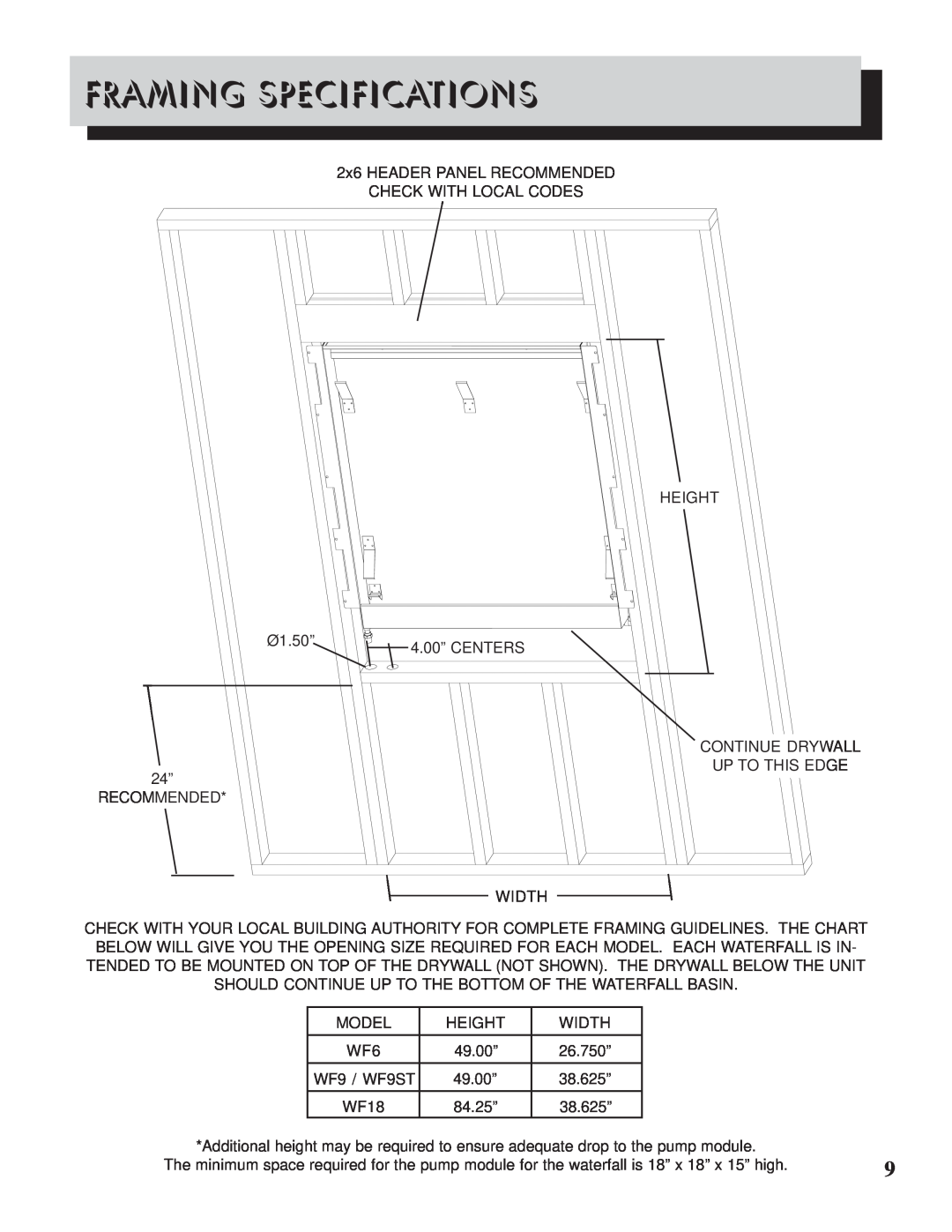 Napoleon Grills WF 18, WF9ST, WF 6, WF 9 manual Framing Specifications 