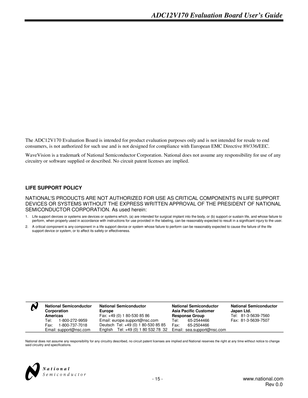 National ADC12V170 manual Life Support Policy 