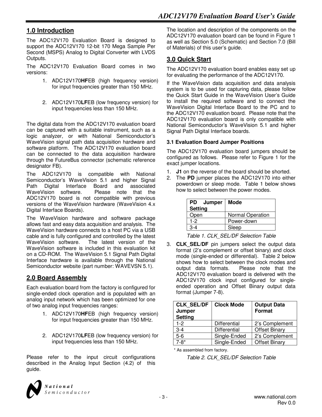 National ADC12V170 manual Evaluation Board Jumper Positions, PD Jumper Mode Setting, Jumper Setting Clock Mode 