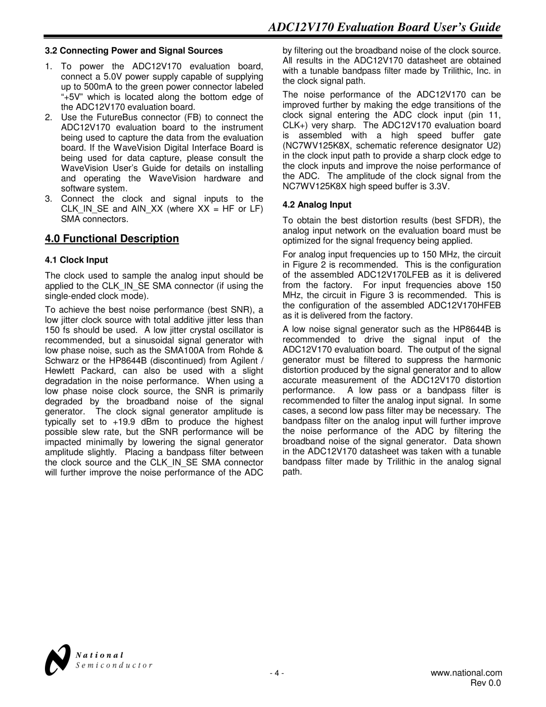 National ADC12V170 manual Connecting Power and Signal Sources, Clock Input, Analog Input 