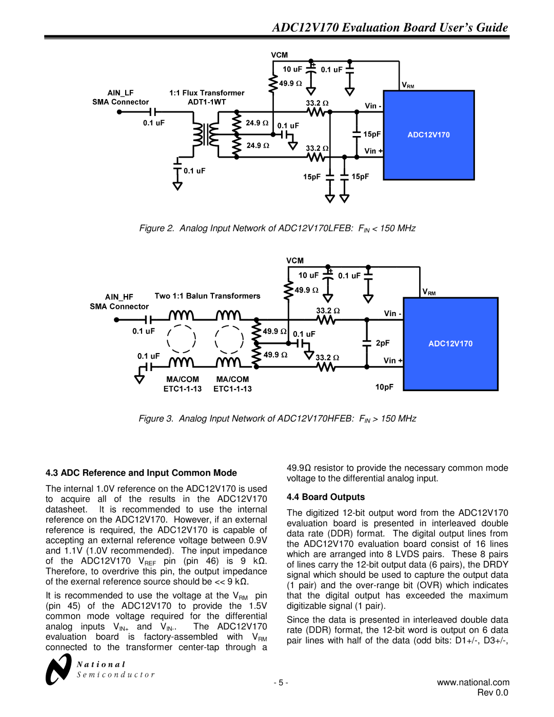 National ADC12V170 manual ADC Reference and Input Common Mode, Board Outputs 