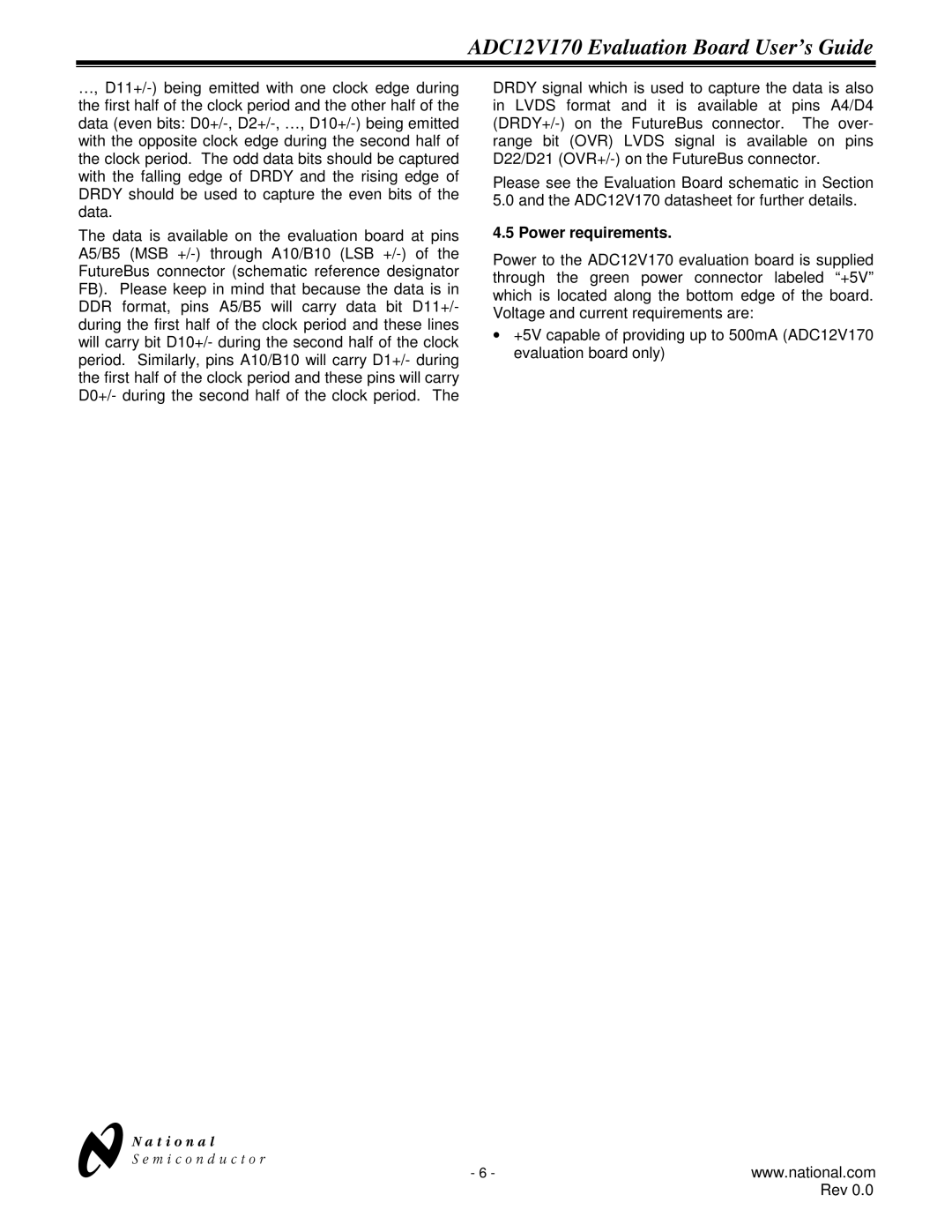 National ADC12V170 manual Power requirements 