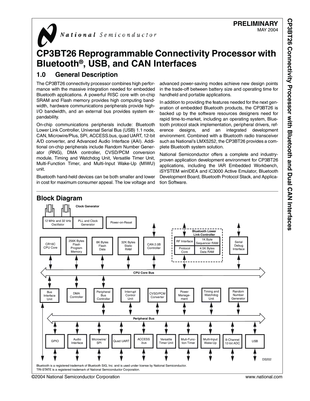 National CP3BT26 manual General Description, Block Diagram, May, National Semiconductor Corporation 