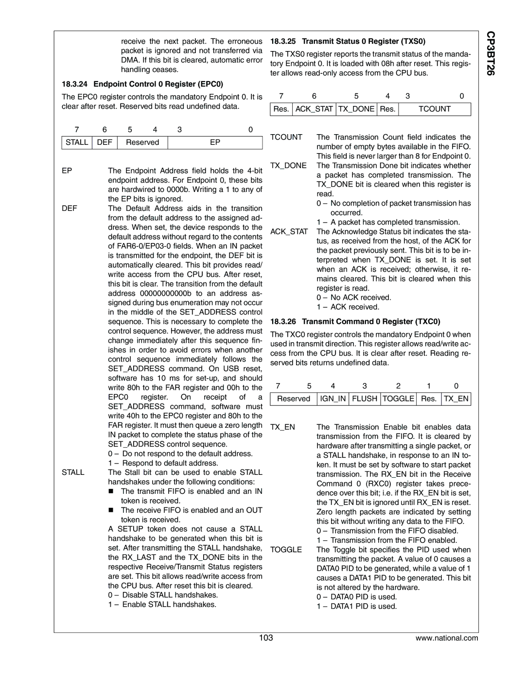 National CP3BT26 manual Endpoint Control 0 Register EPC0, Transmit Status 0 Register TXS0, Transmit Command 0 Register TXC0 