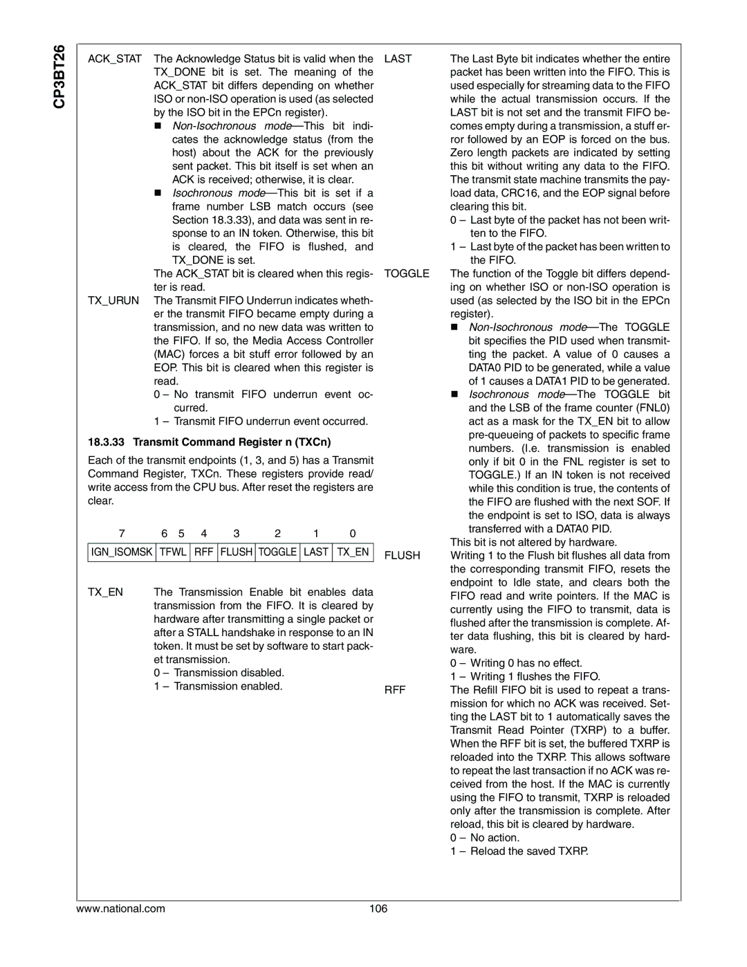 National CP3BT26 manual Transmit Command Register n TXCn, Tfwl, Last, Rff 