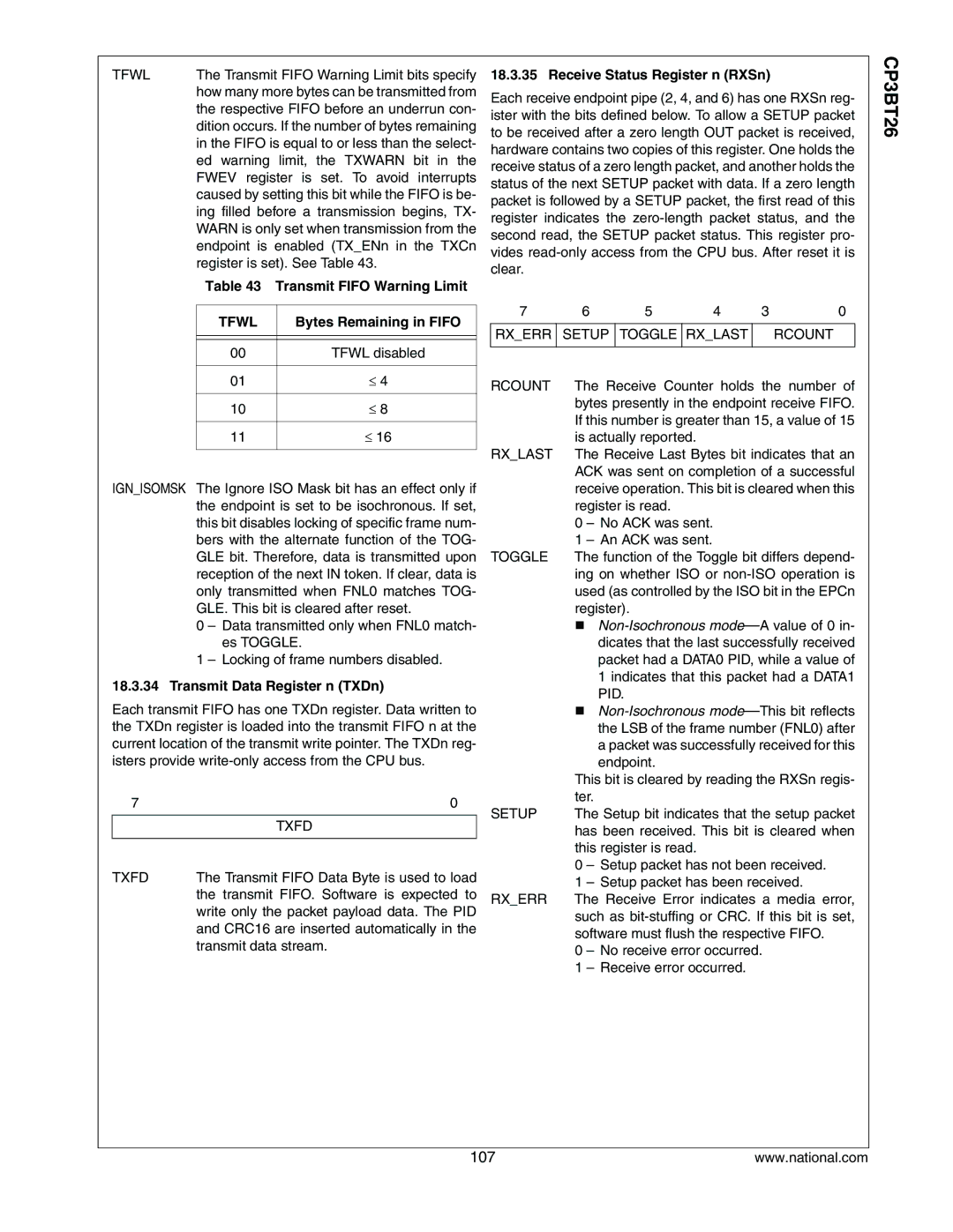 National CP3BT26 manual Transmit Fifo Warning Limit, Receive Status Register n RXSn, Tfwl, Bytes Remaining in Fifo 