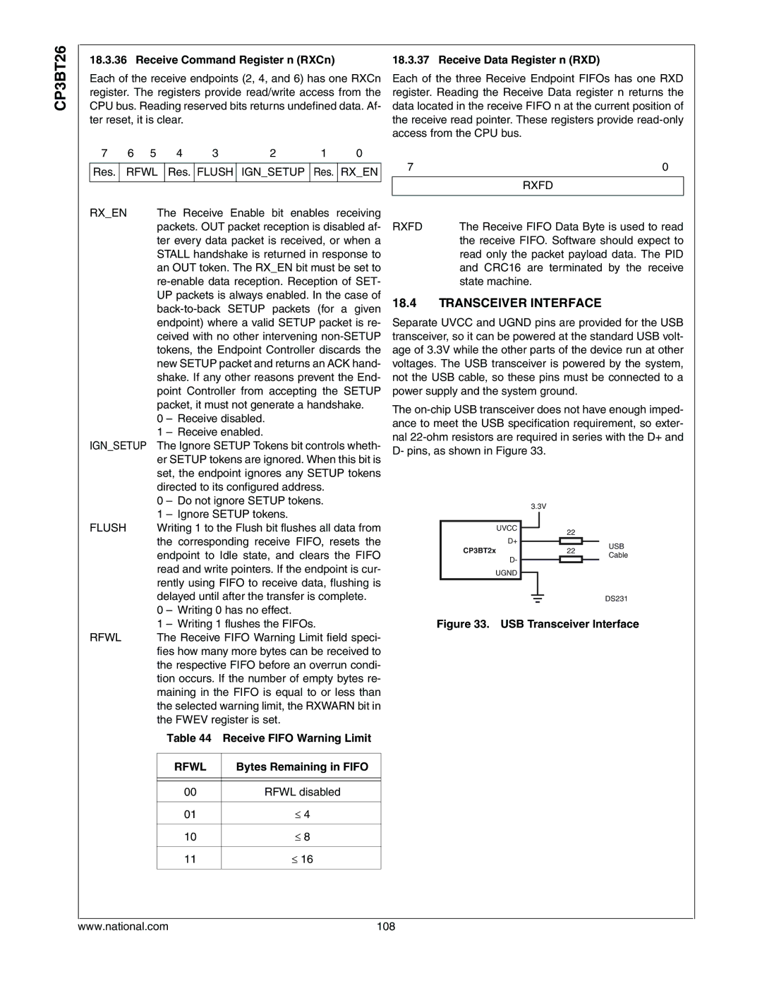 National CP3BT26 manual Transceiver Interface, Receive Command Register n RXCn Receive Data Register n RXD, Rfwl 