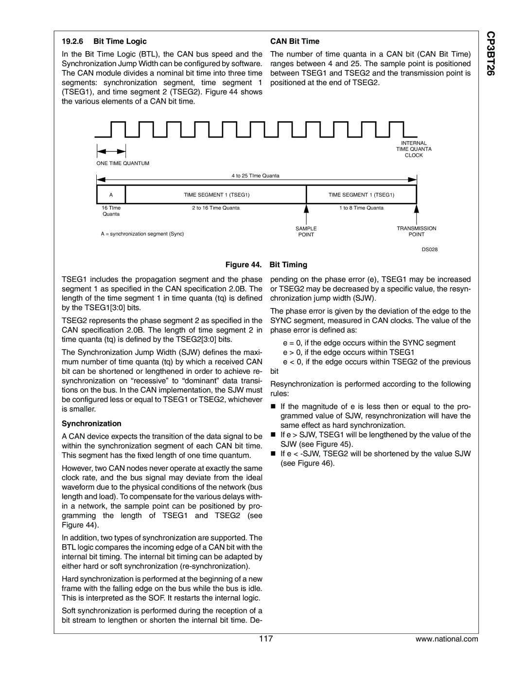 National CP3BT26 manual Bit Time Logic, Can Bit Time, Synchronization, Bit Timing 