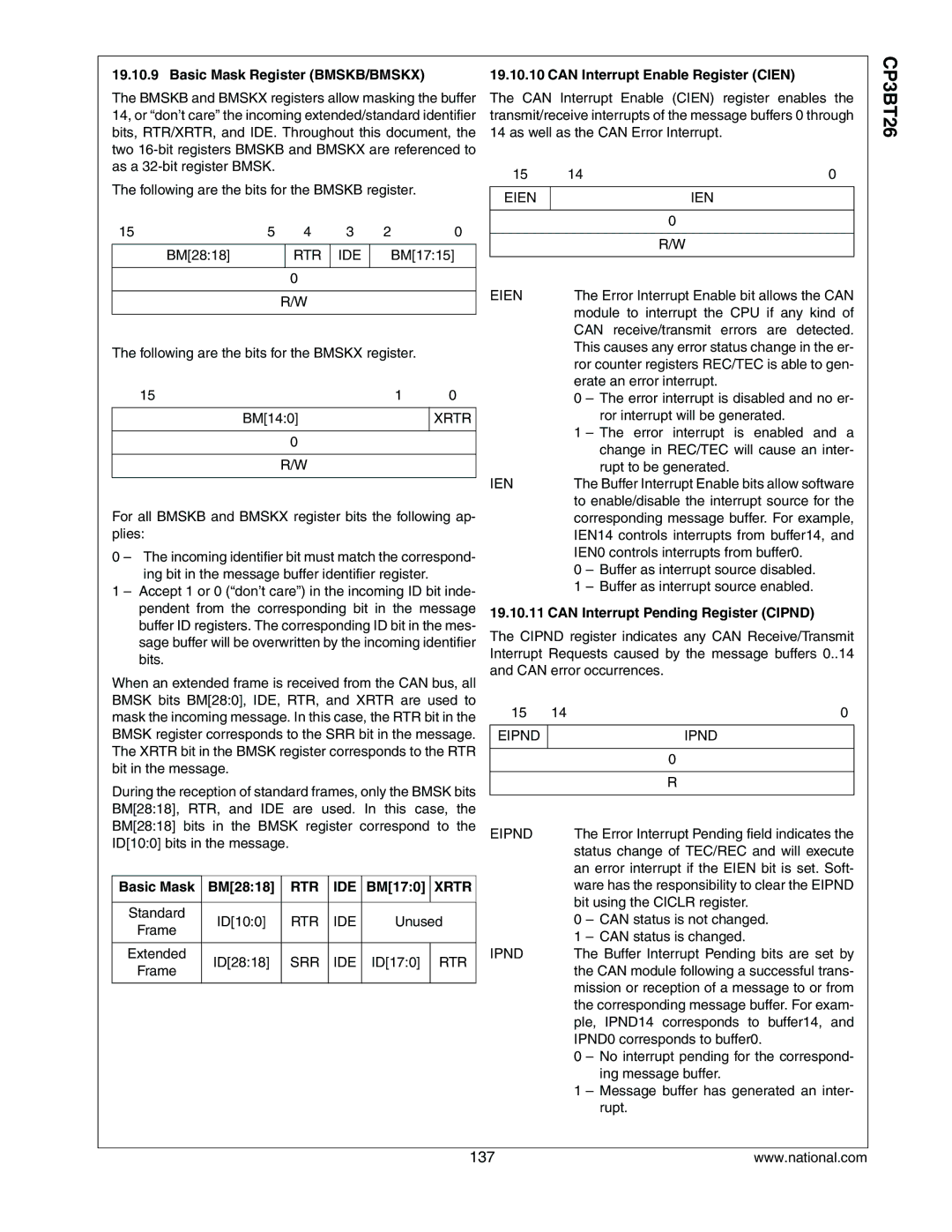 National CP3BT26 manual Basic Mask Register BMSKB/BMSKX, Basic Mask BM2818, BM170, Can Interrupt Enable Register Cien 