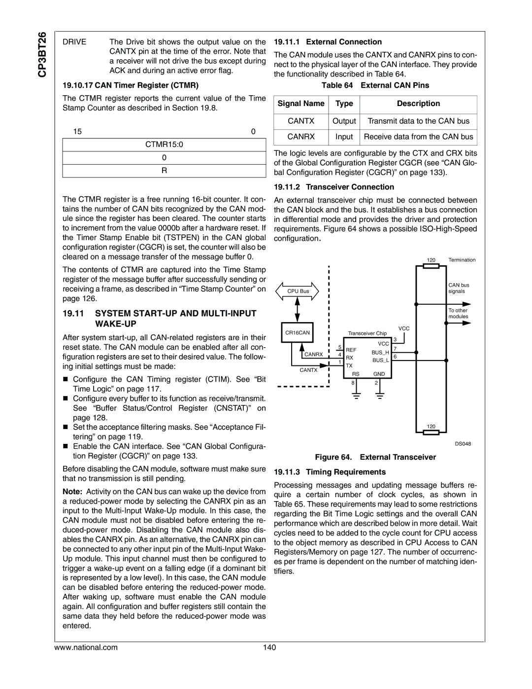 National CP3BT26 manual System START-UP and MULTI-INPUT WAKE-UP, Can Timer Register Ctmr, External Connection 