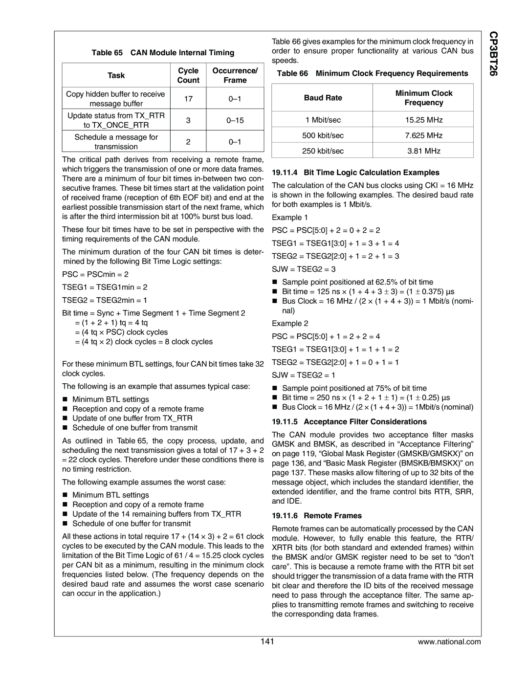 National CP3BT26 manual Minimum Clock Frequency Requirements Baud Rate, Bit Time Logic Calculation Examples, Remote Frames 