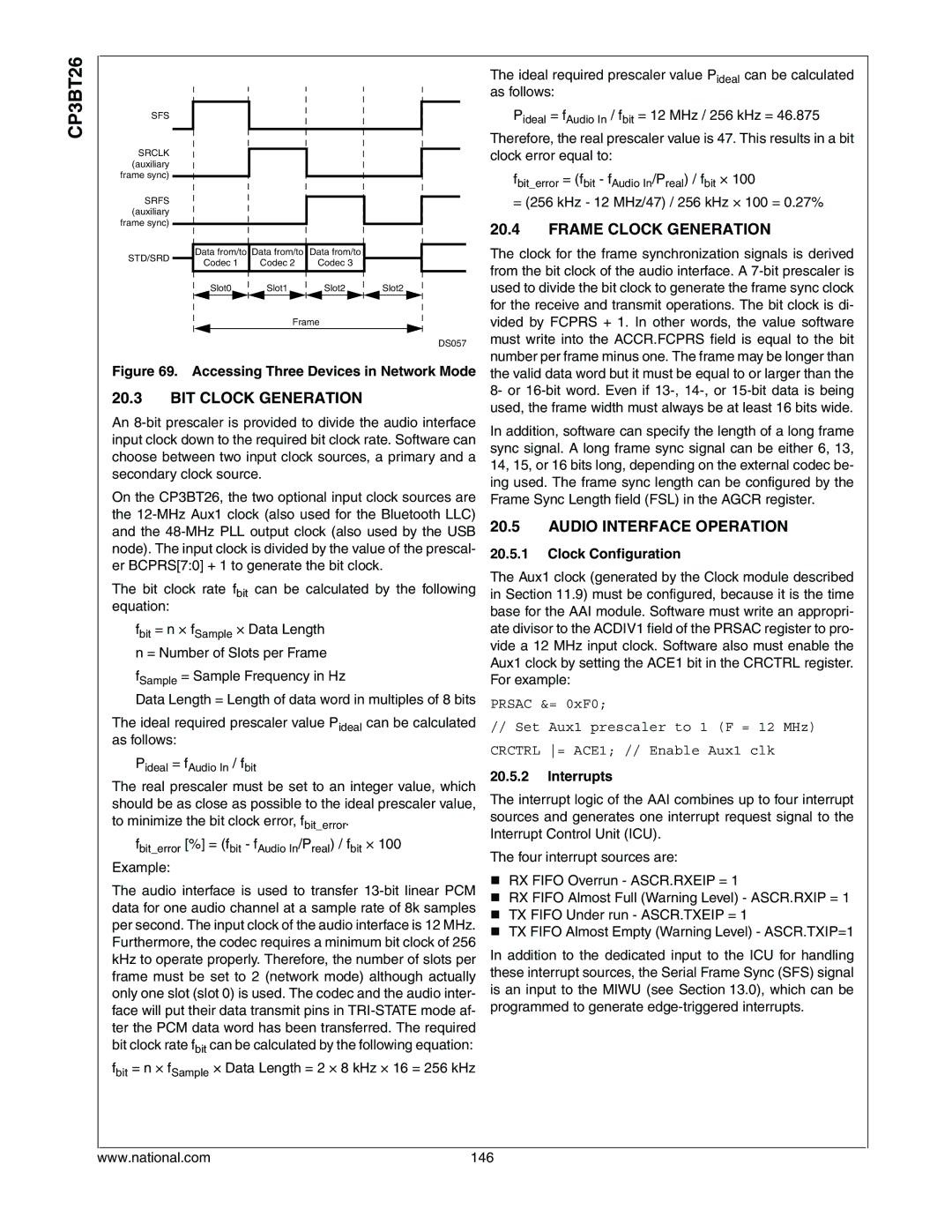 National CP3BT26 Frame Clock Generation, BIT Clock Generation, Audio Interface Operation, Clock Configuration, Interrupts 