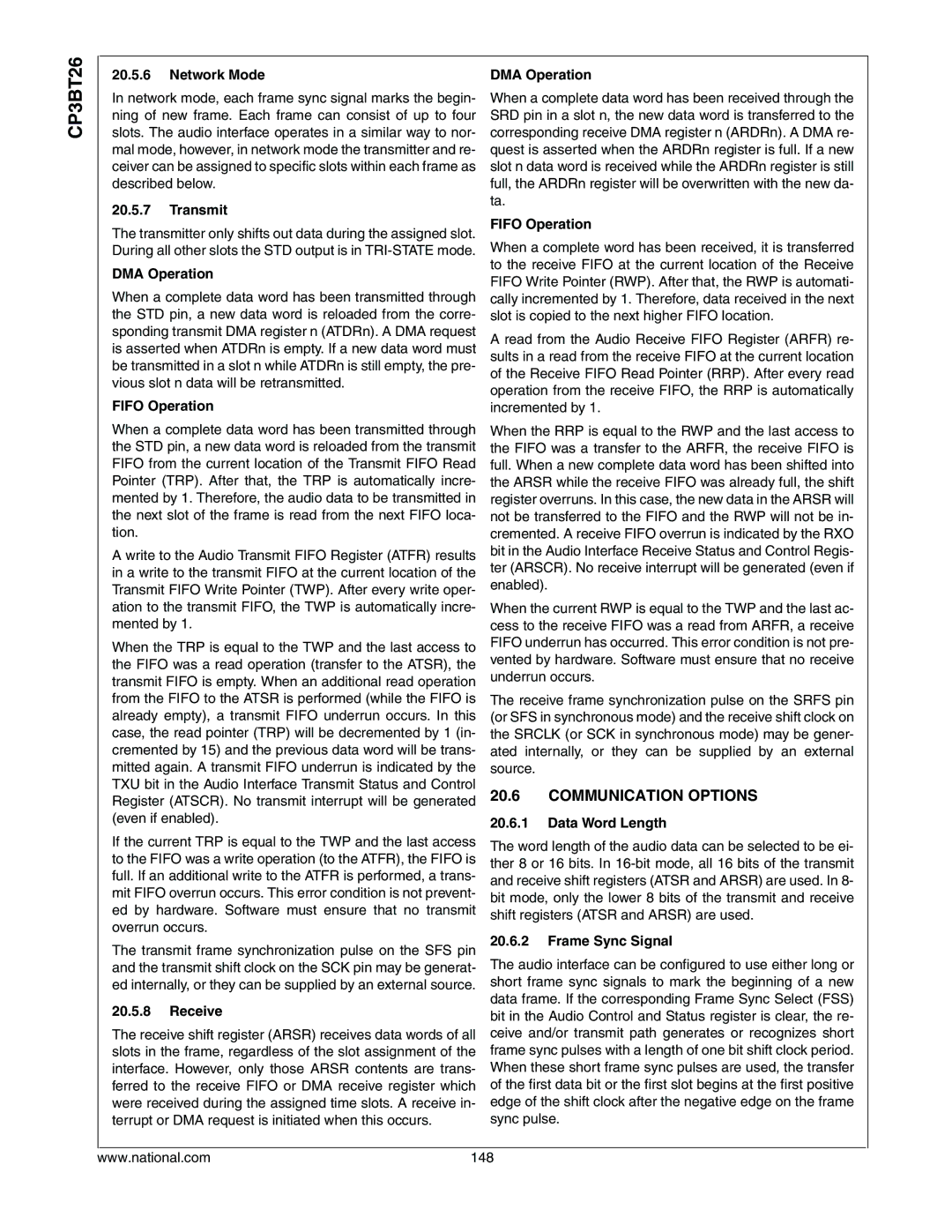 National CP3BT26 manual Communication Options, Data Word Length, Frame Sync Signal 