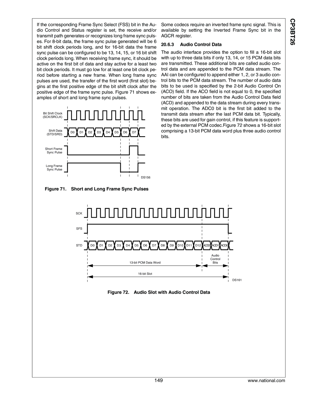 National CP3BT26 manual Audio Control Data, Short and Long Frame Sync Pulses 