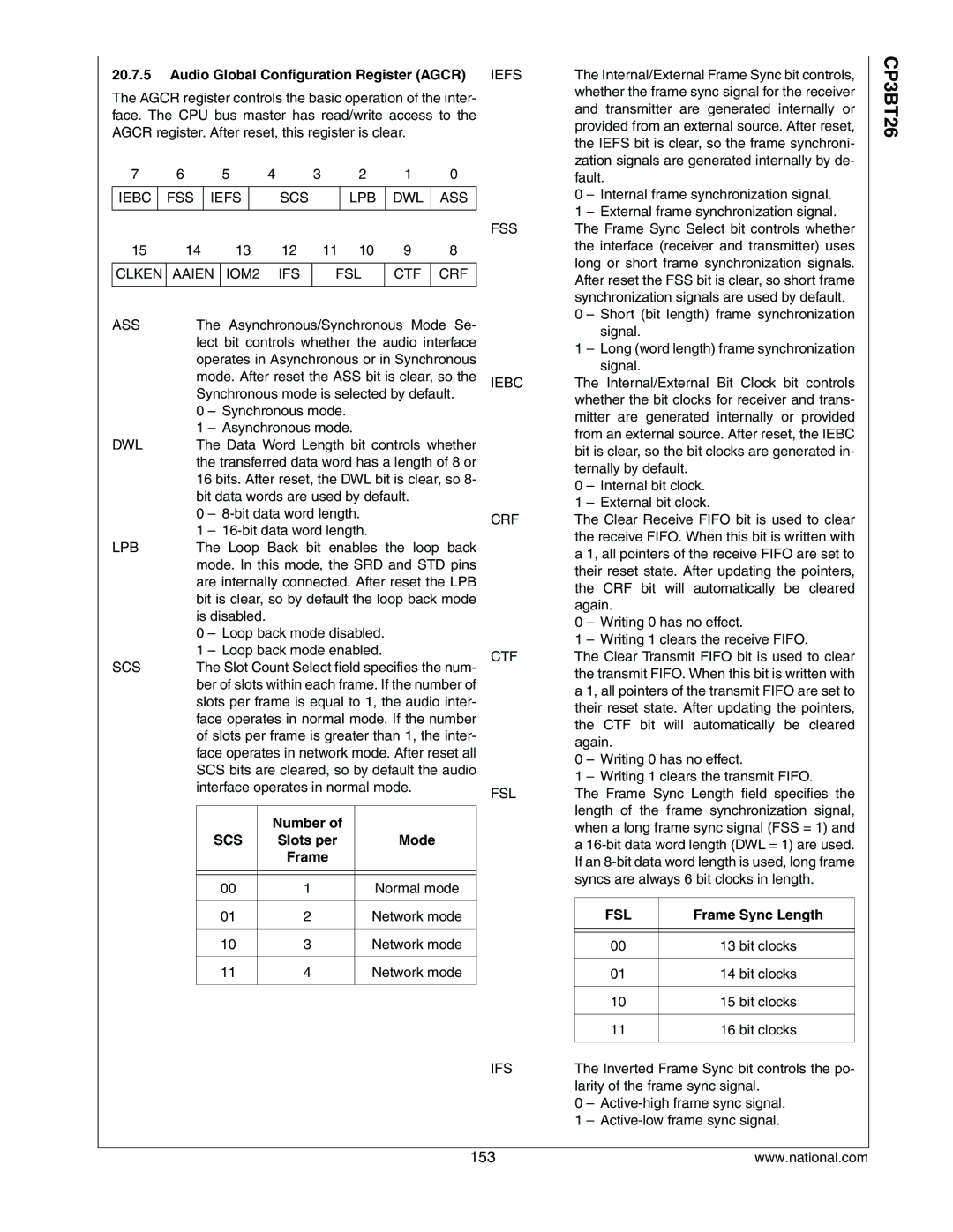 National CP3BT26 manual Audio Global Configuration Register Agcr, Scs, Slots per Mode Frame, Fsl, Frame Sync Length 